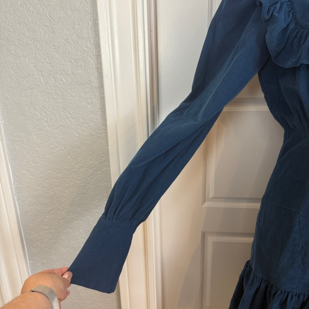 Thierry Colson blue corduroy long sleeve ruffle dress size Small - Picture 3 of 10